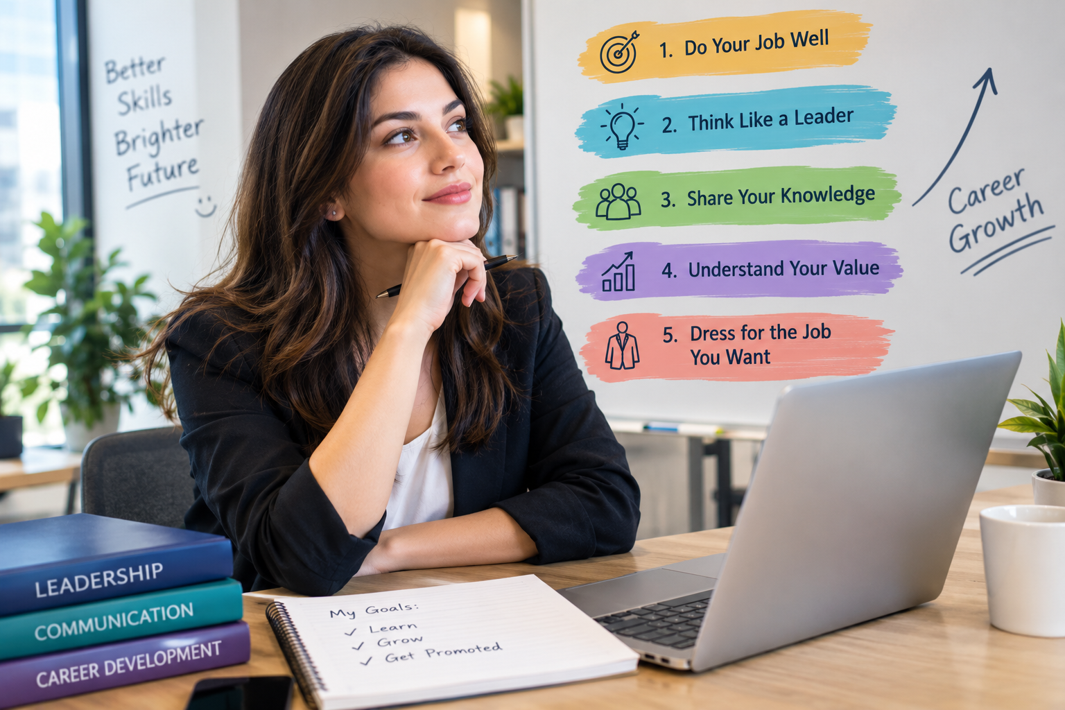 Illustration of a professional considering five skills for career advancement