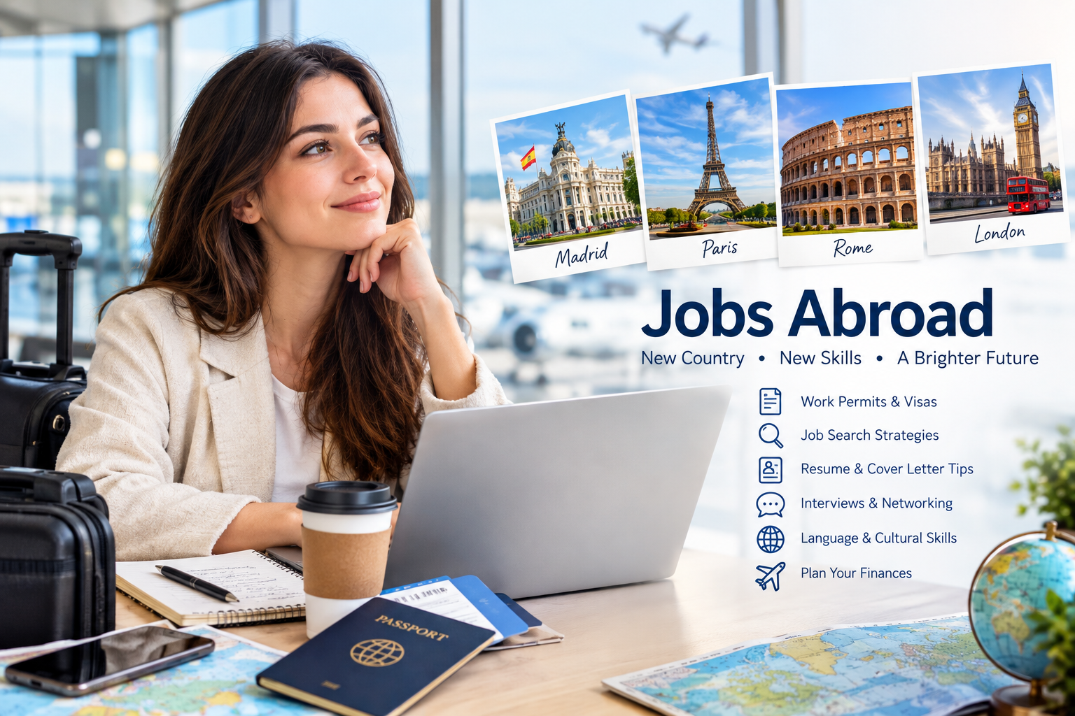 Illustration of a job seeker researching overseas work with a laptop, passport and map