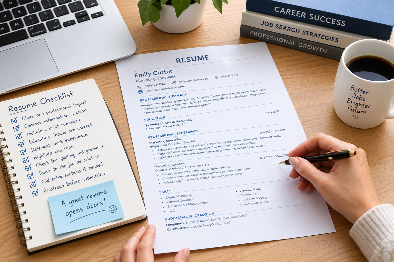 Resume review illustration with a checklist, pen and laptop