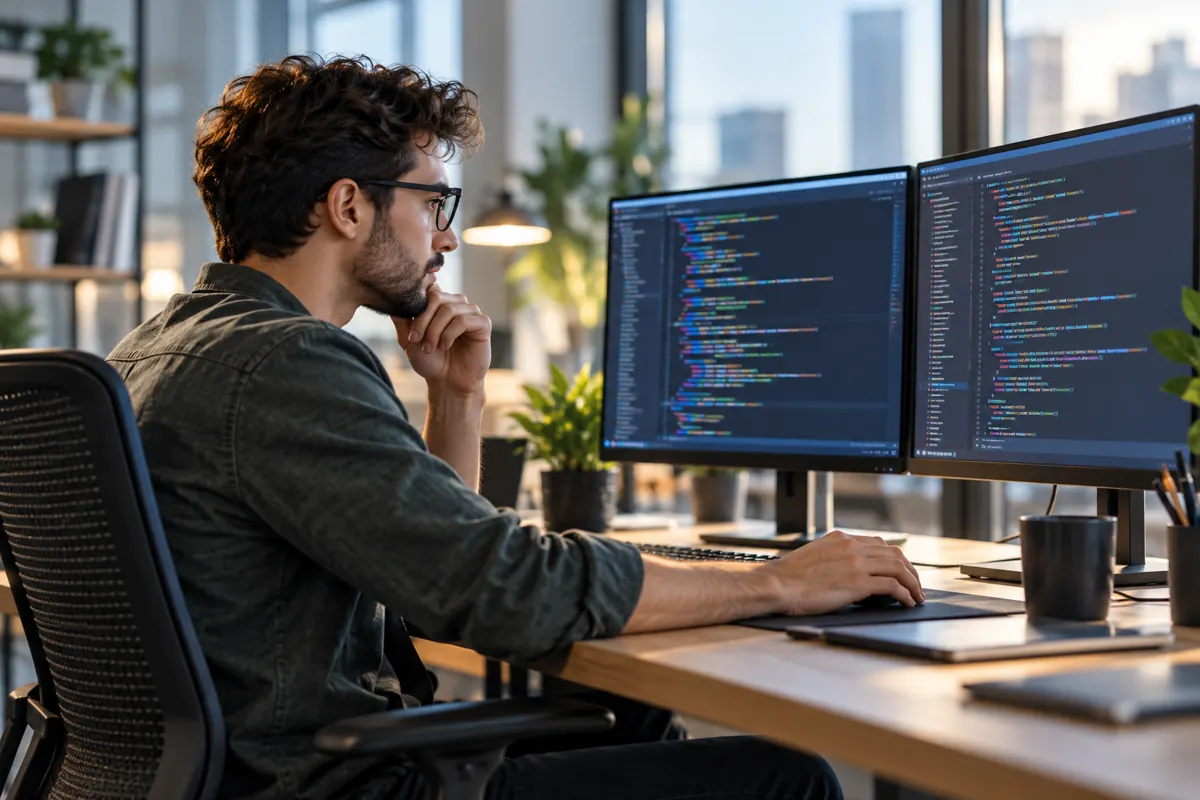 Professional reviewing technical work on computer screens