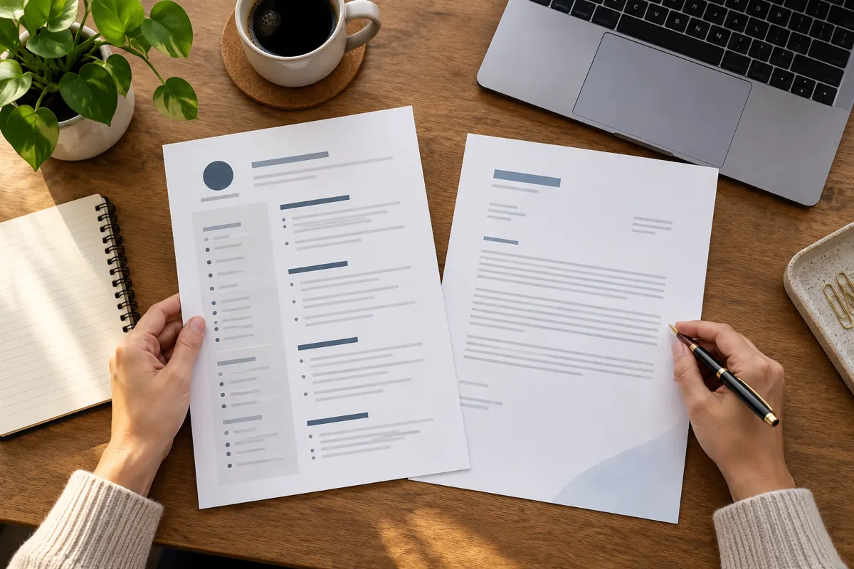 Resume documents and a laptop arranged for an application review