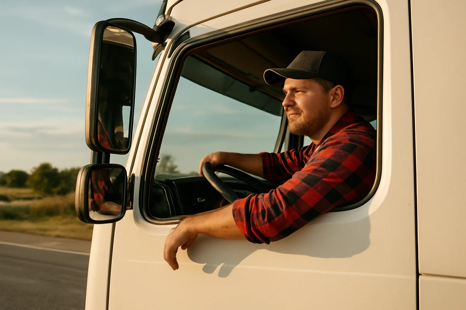 Truck driver seated in the cab of a truck