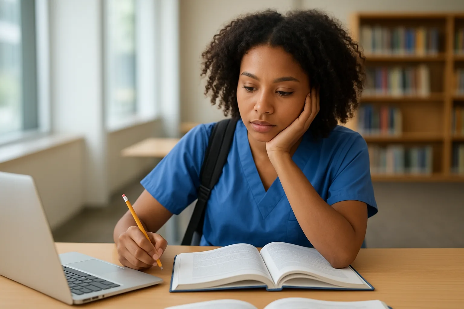 Nursing student studying beside a laptop