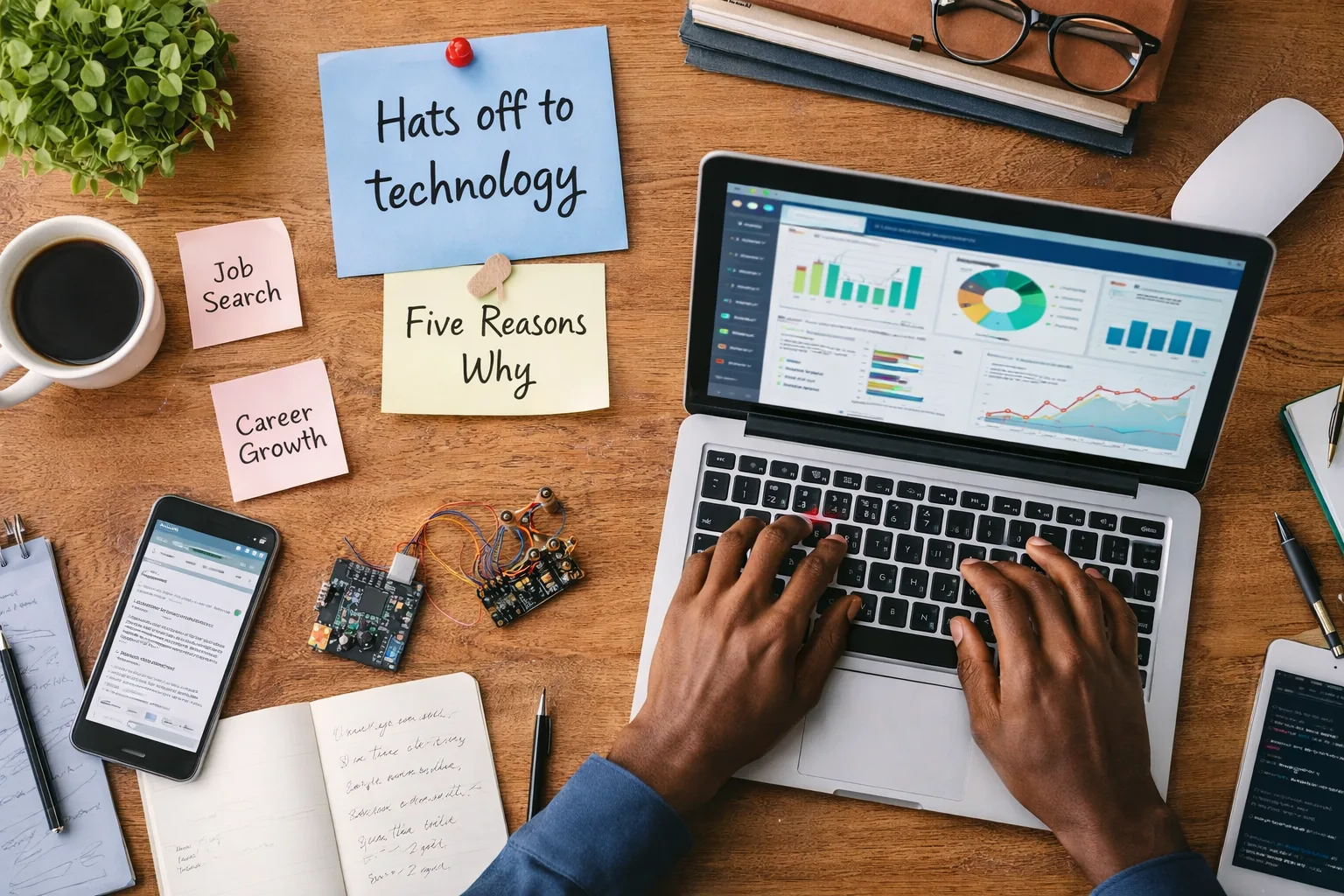 Laptop and notes illustrating the role of technology at work