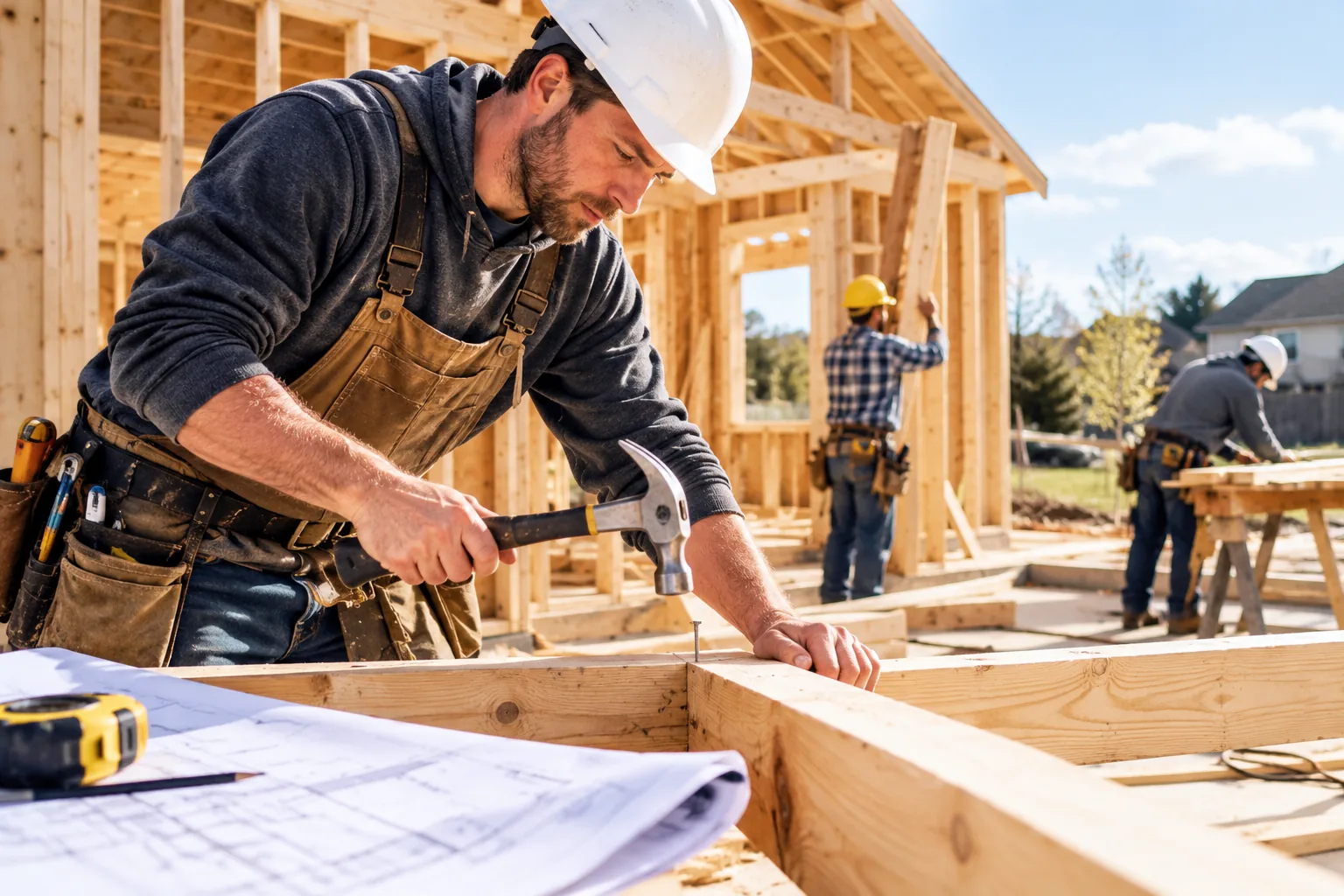 Carpenter measuring timber at a construction site