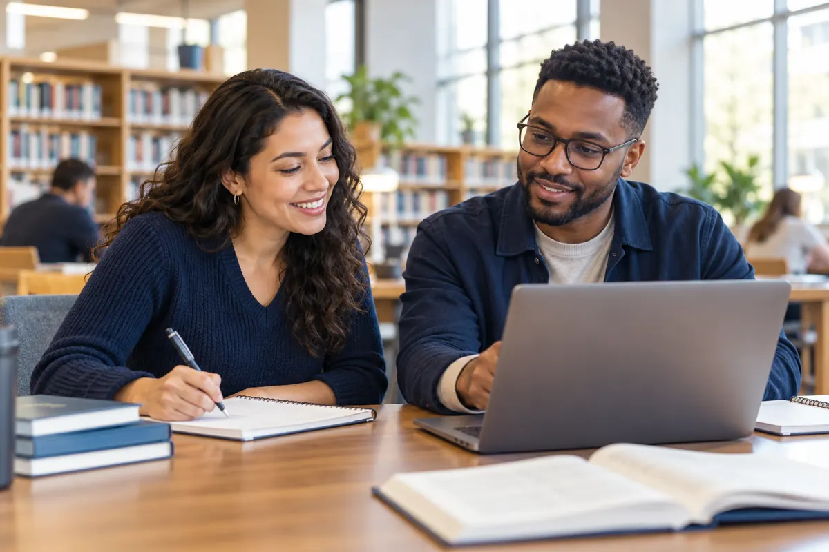 Two adult learners studying with a laptop and notebooks in a library.