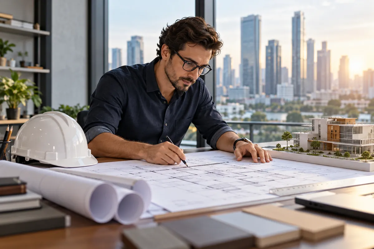 Architect reviewing building plans beside a scale model in an office.