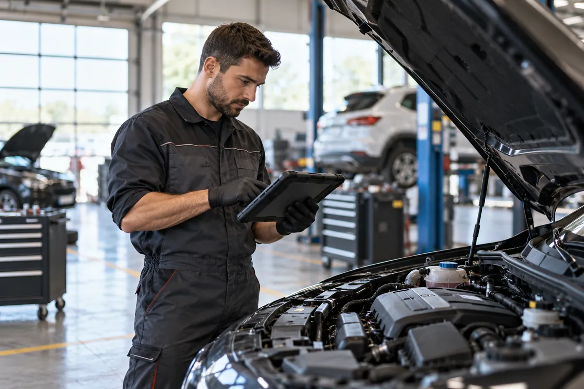 Automotive technician working in a vehicle workshop.