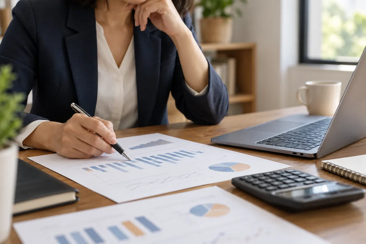 Financial charts, calculator and laptop on an office desk.
