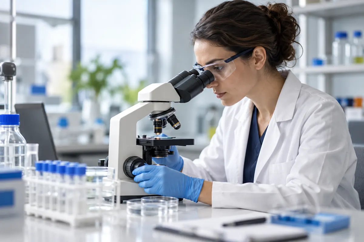 Laboratory technician examining samples with a microscope.