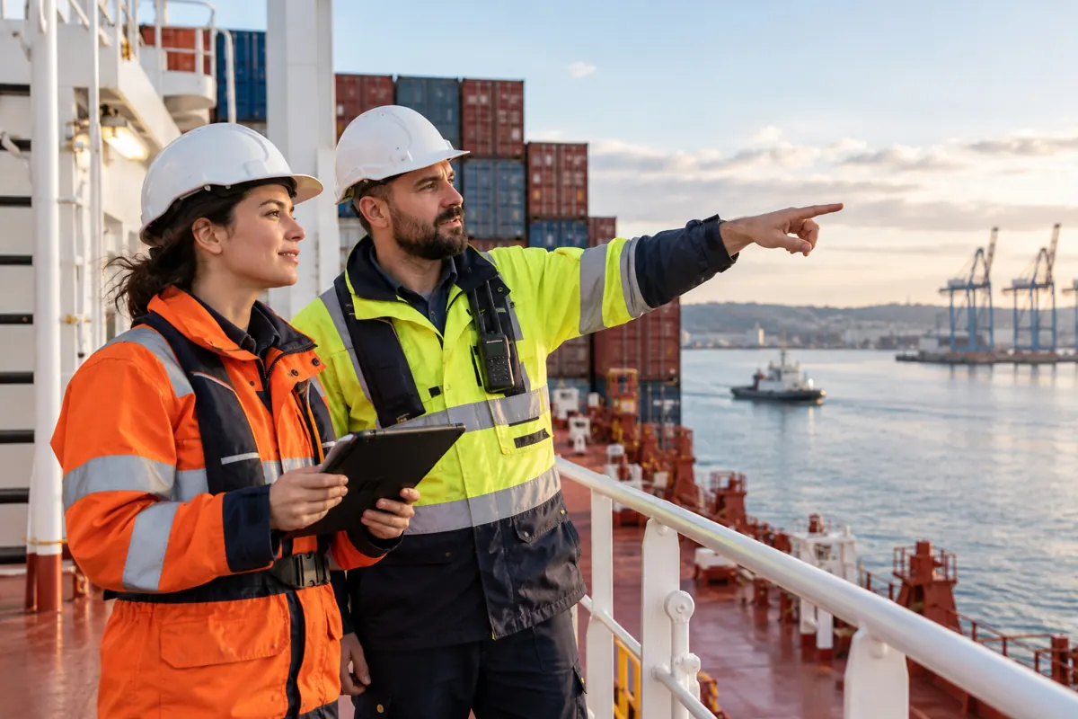 Two crew members in safety workwear on a container ship deck.