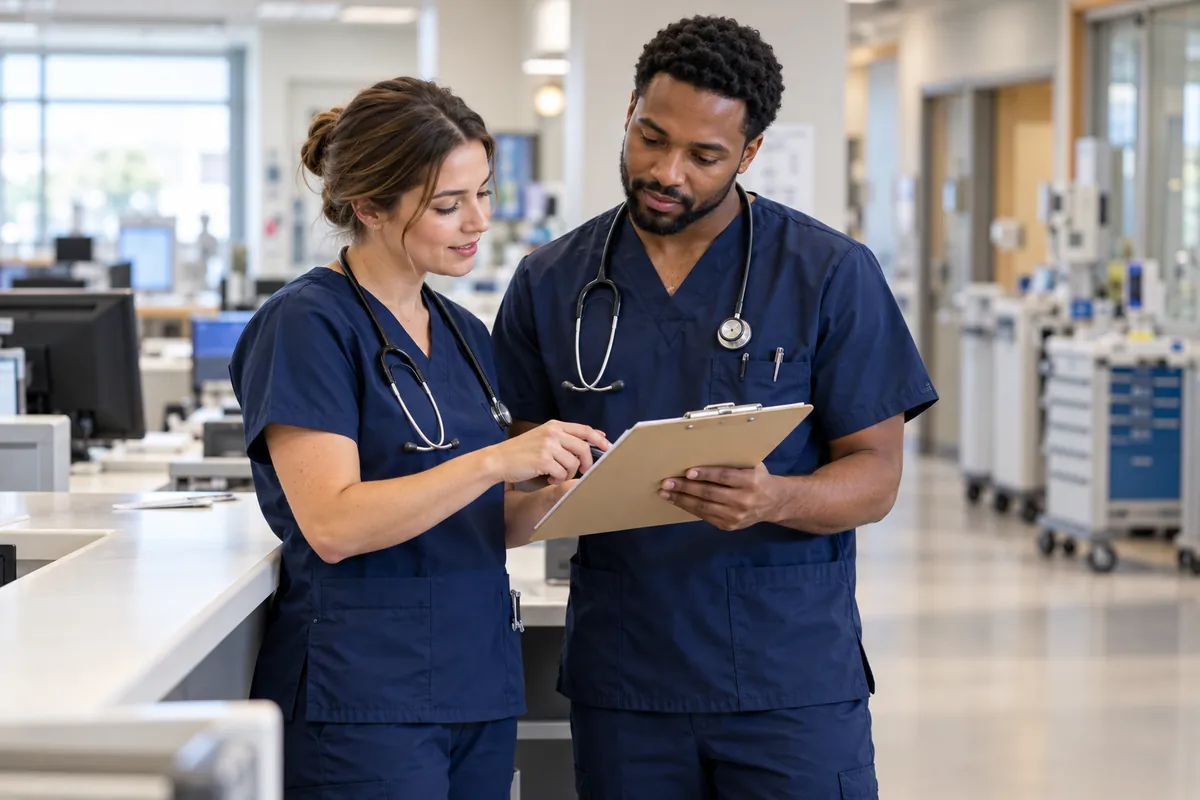 Two healthcare professionals reviewing a clipboard in a clinical setting.