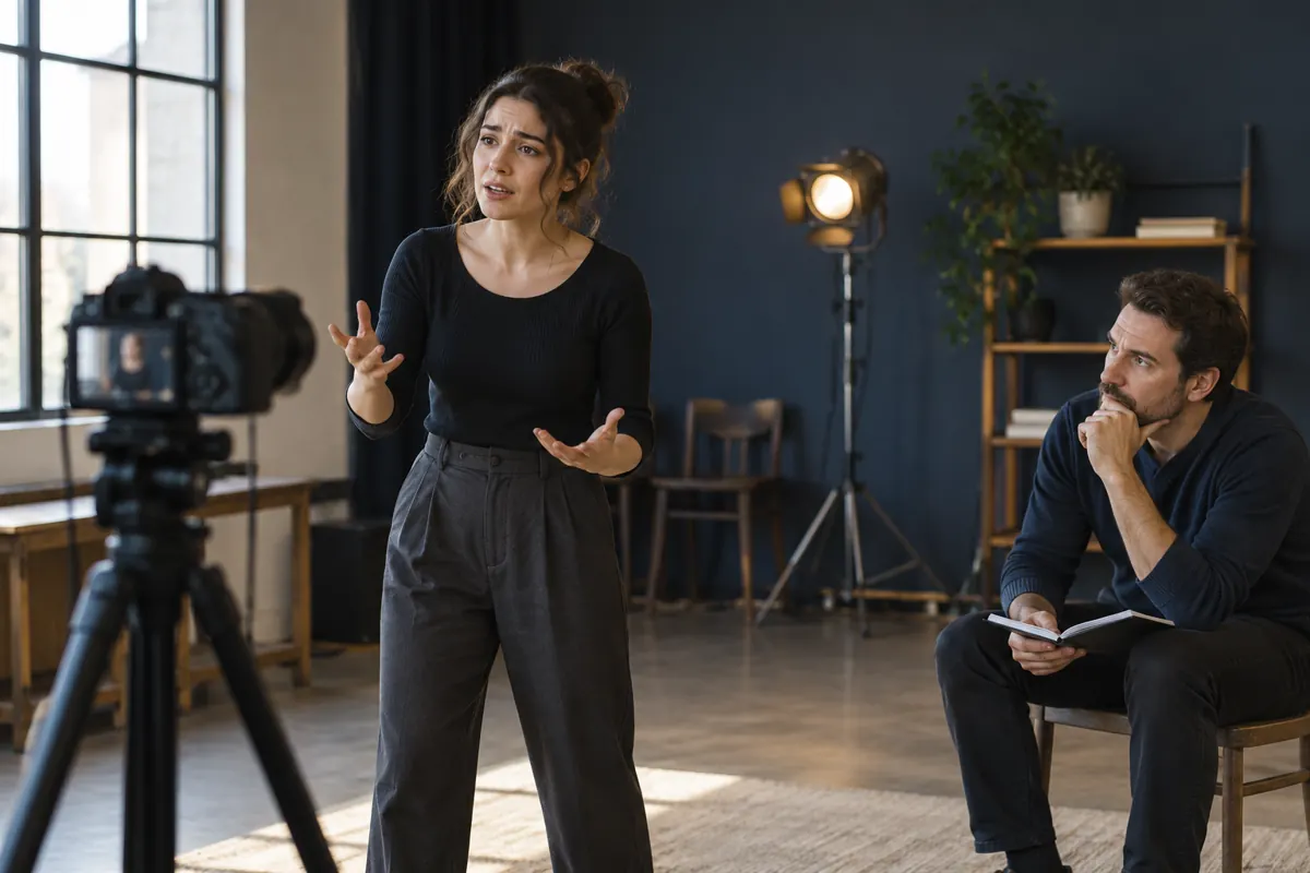 Performer rehearsing in front of a camera while an instructor observes.