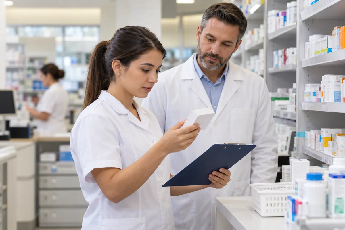 Pharmacy technician checking a medicine package with a supervising pharmacist.