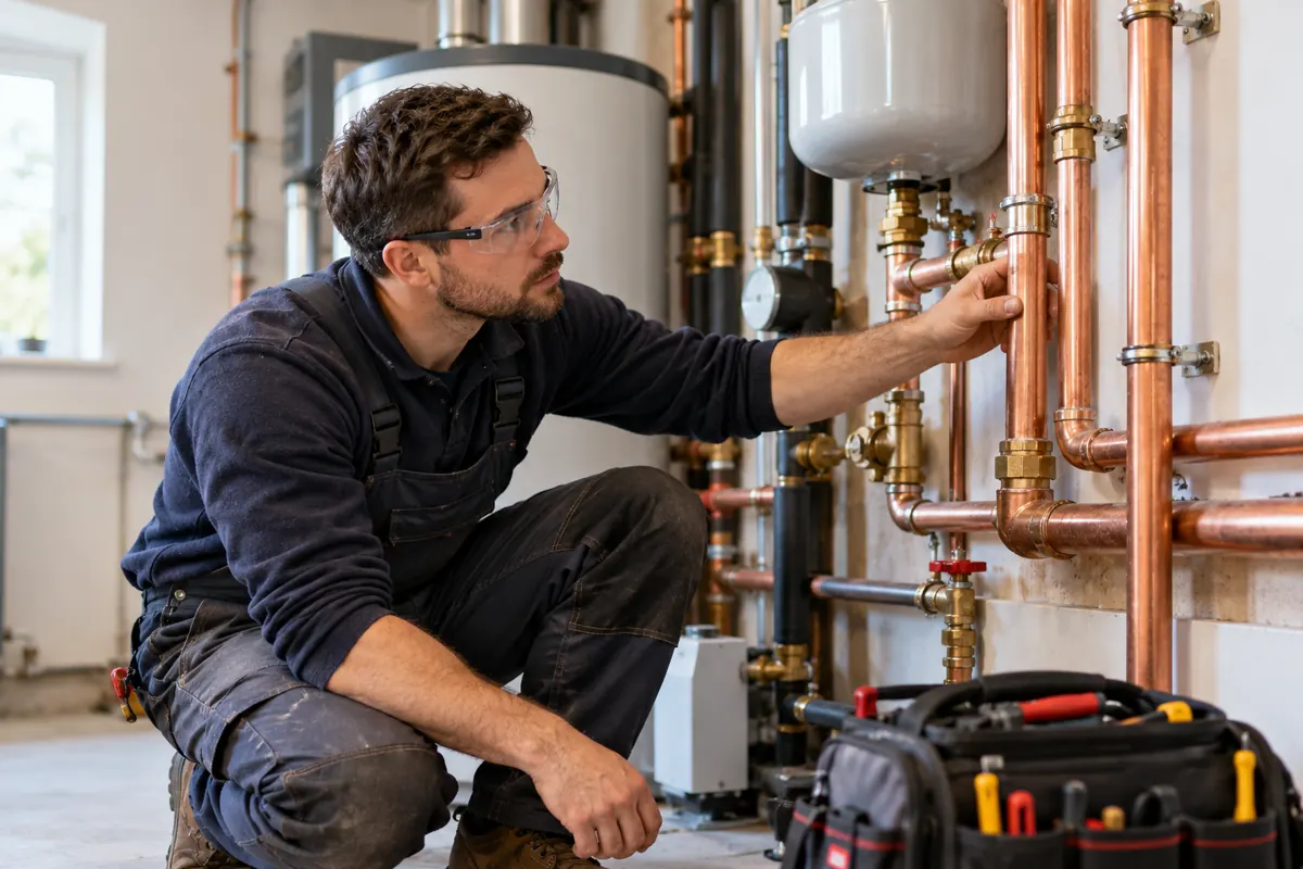 Plumber inspecting copper pipework with a tool bag nearby.