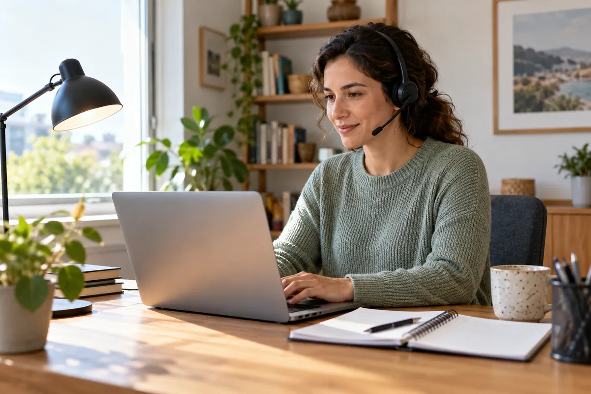 Professional using a laptop and headset at a home office desk.