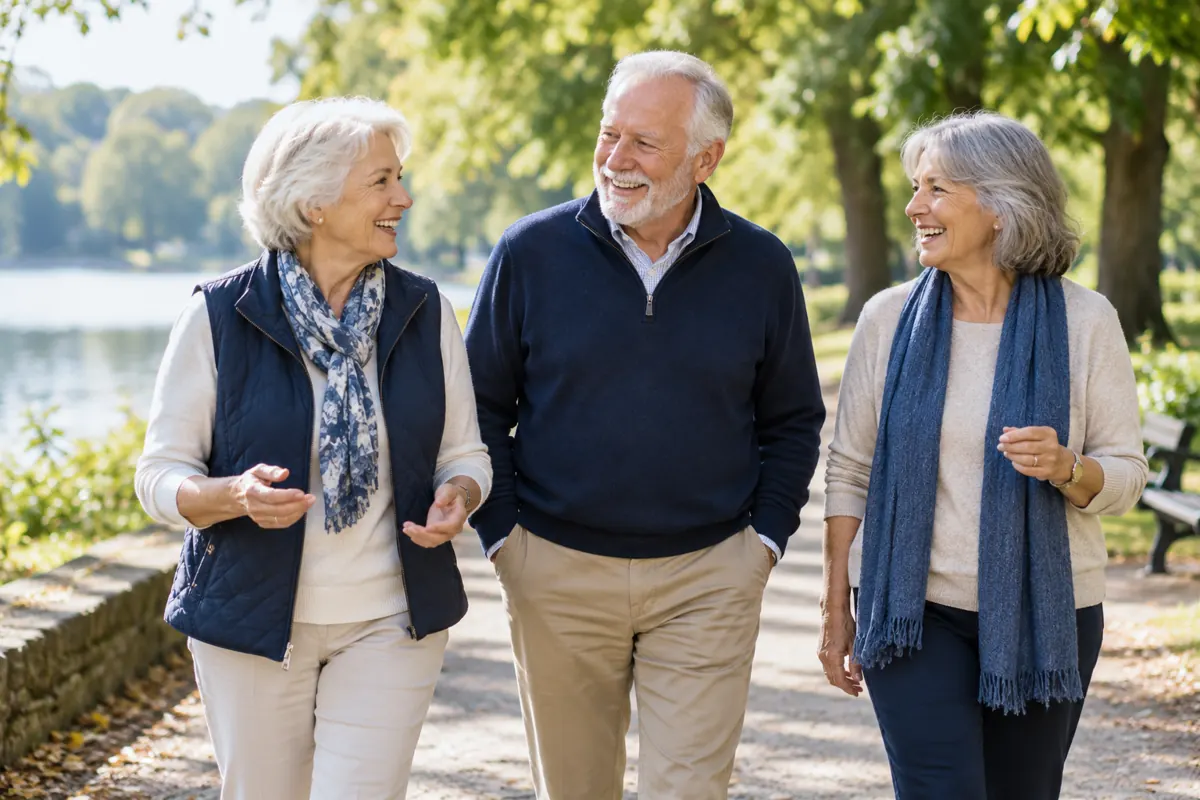 Three older adults walking and talking together on a park path.