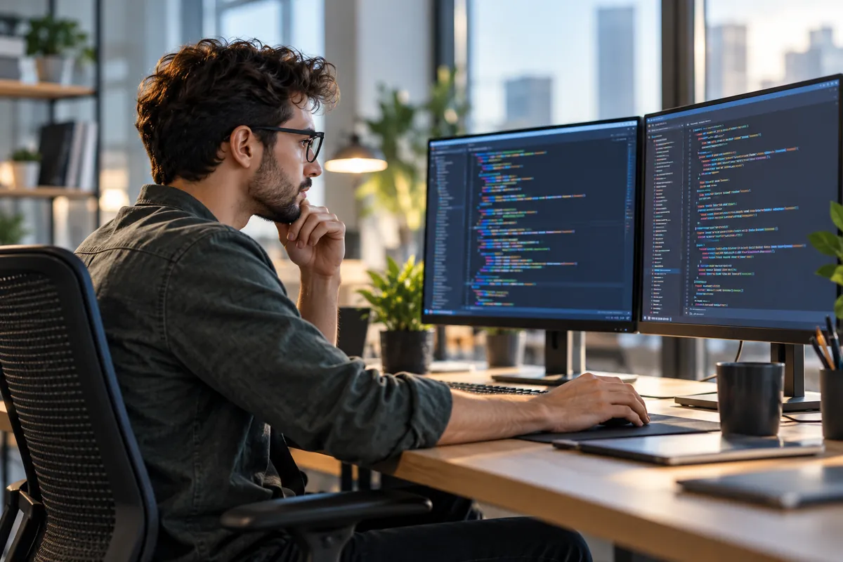 Software developer working at a computer workstation.