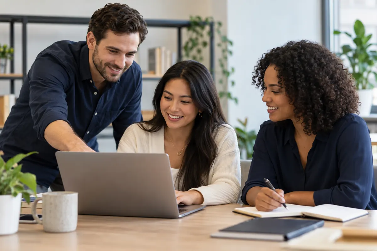 Three colleagues collaborating around a laptop and notebook in an office.