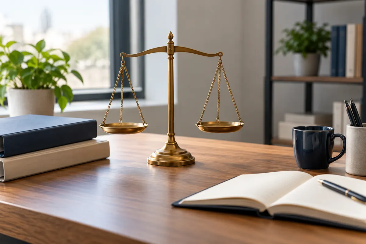 Balanced scales and plain document folders on an office desk.