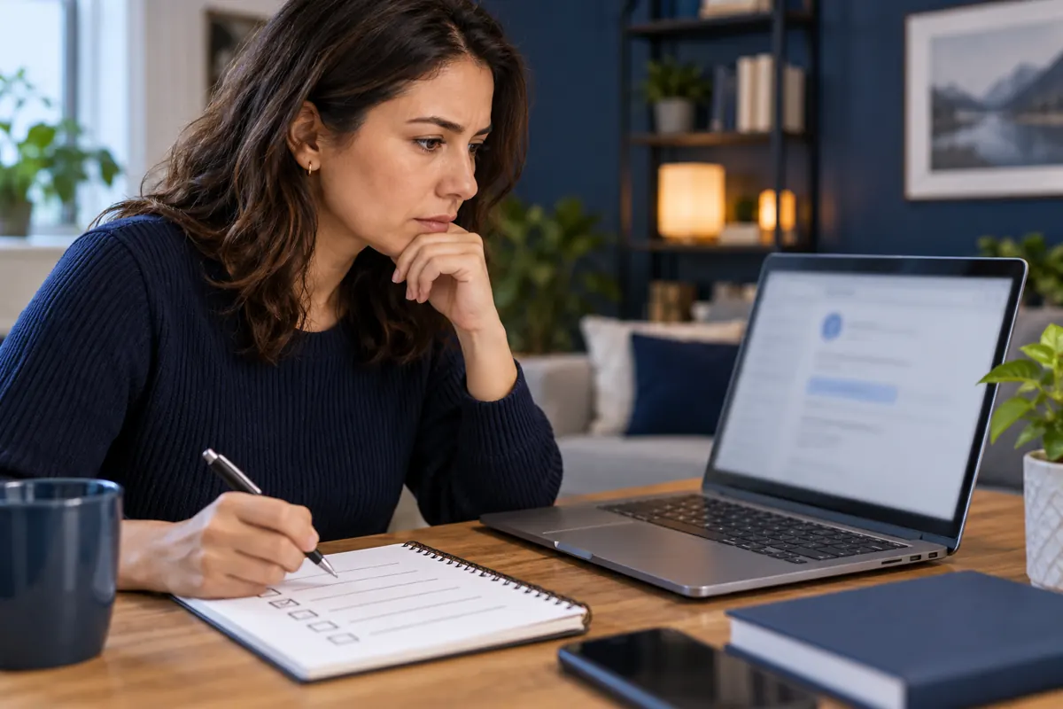 Job seeker checking an online message against a written checklist