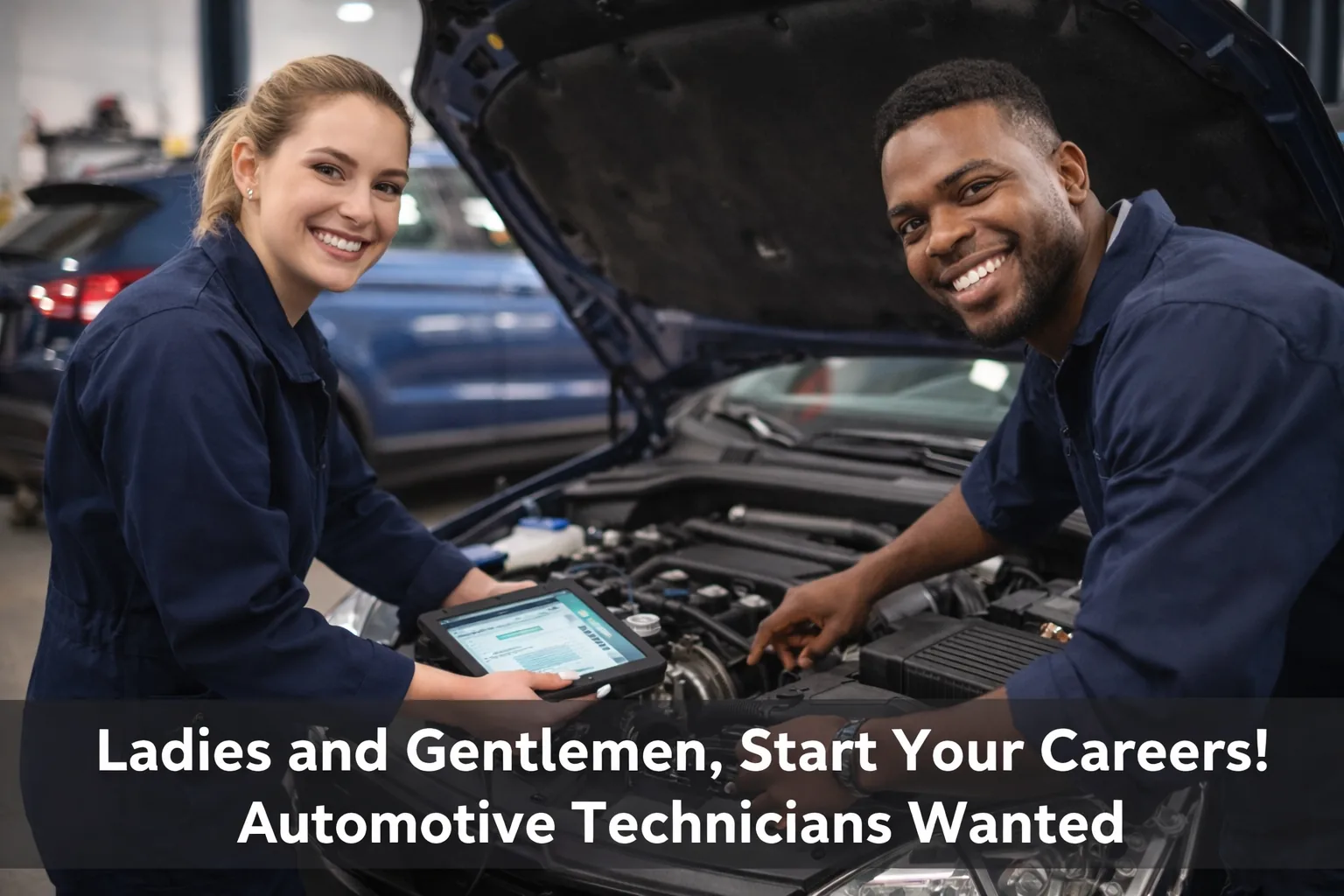 Automotive technicians working under an open car hood