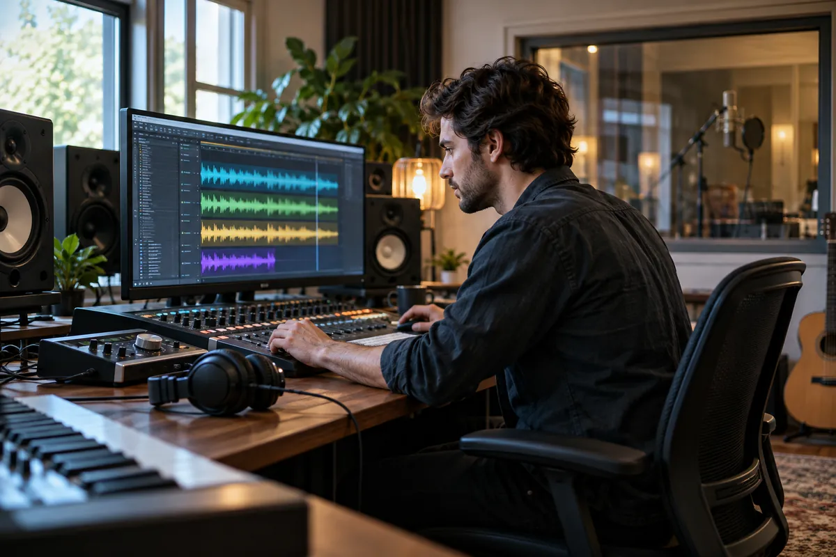 Music producer editing audio tracks at a recording studio mixing desk