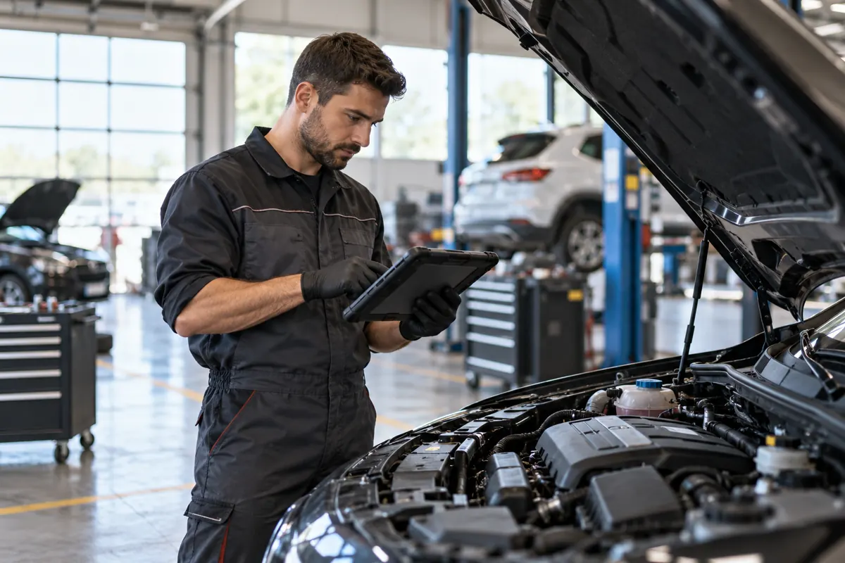 Automotive technician examining a vehicle in a workshop