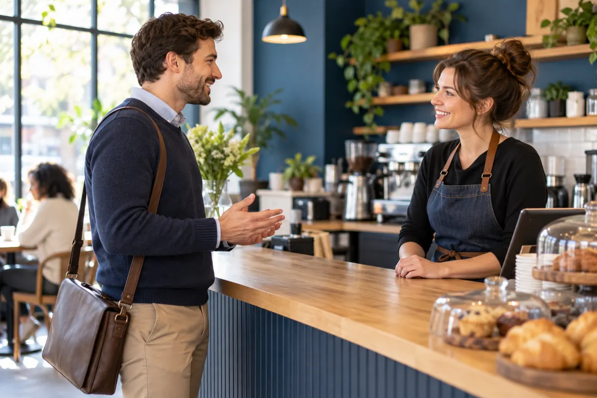 Job seeker discussing a local opportunity with a cafe manager