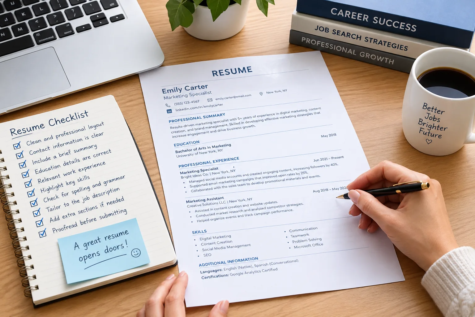 Resume draft with notes and a checklist