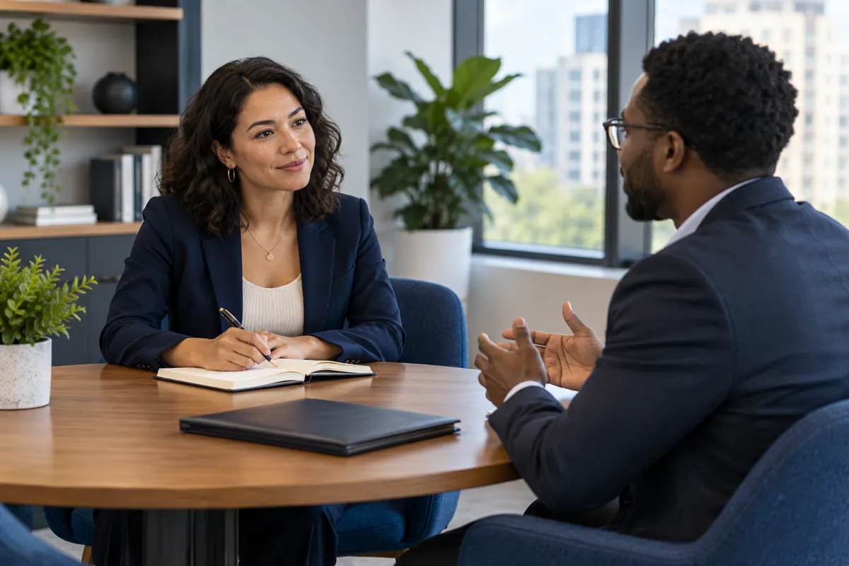Two professionals discussing an opportunity at an interview table