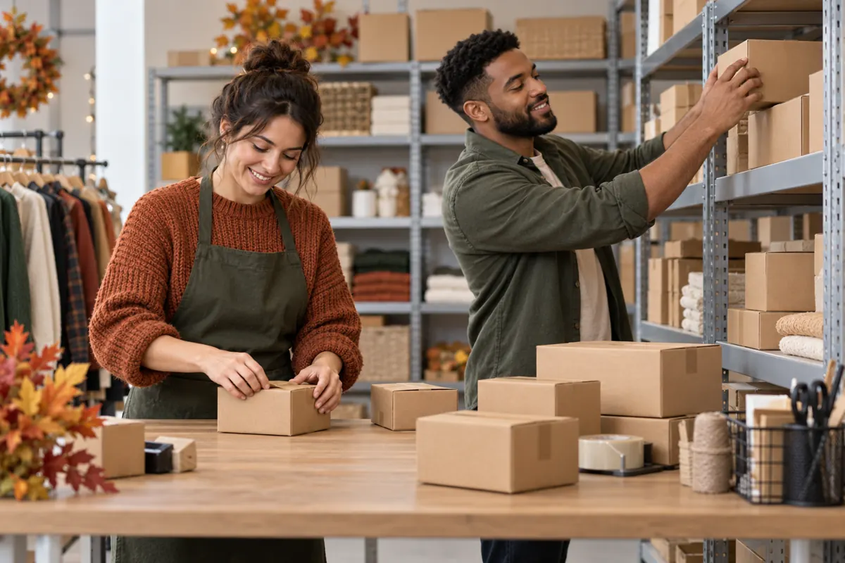 Retail coworkers organizing packages in a shop stockroom